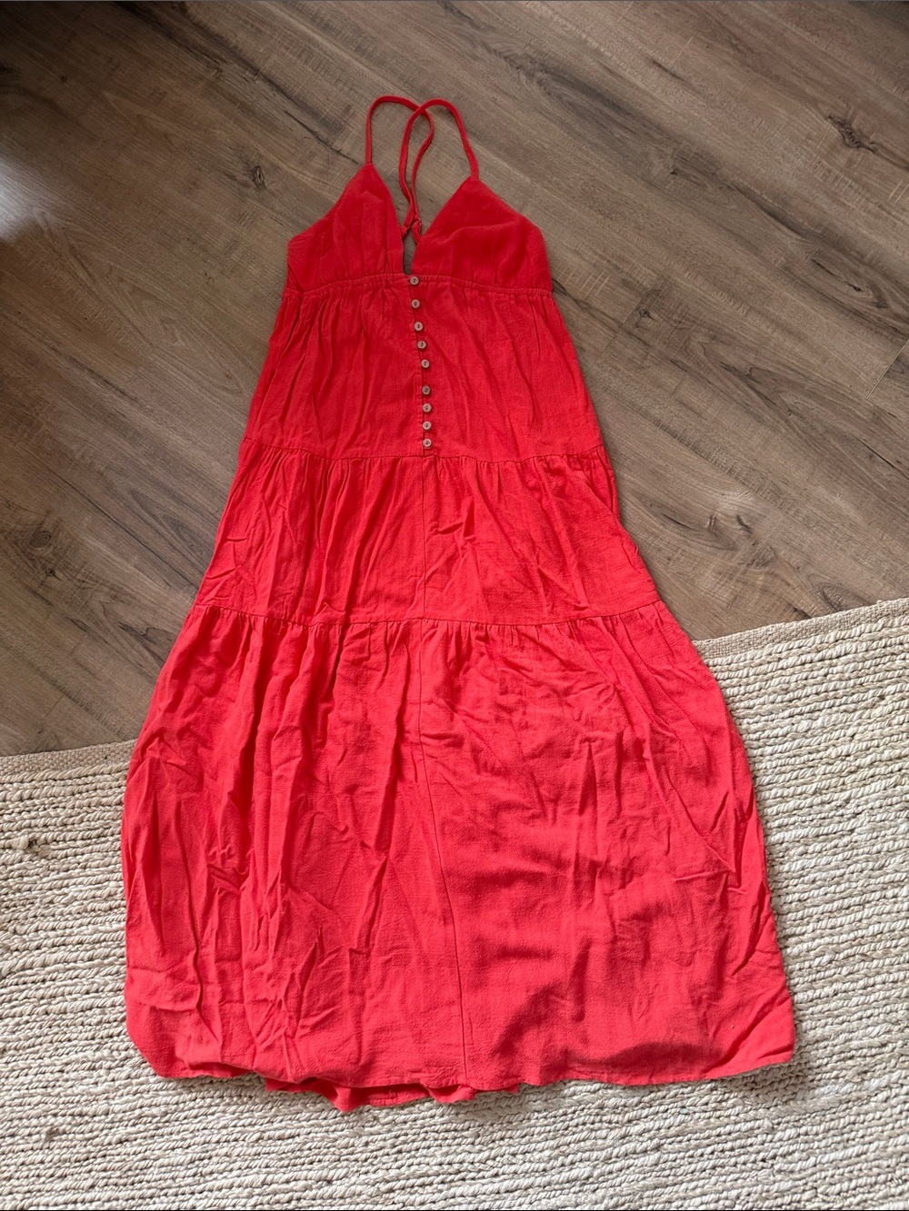 Spaghetti-Strap Red Maxi Dress with Front Buttons